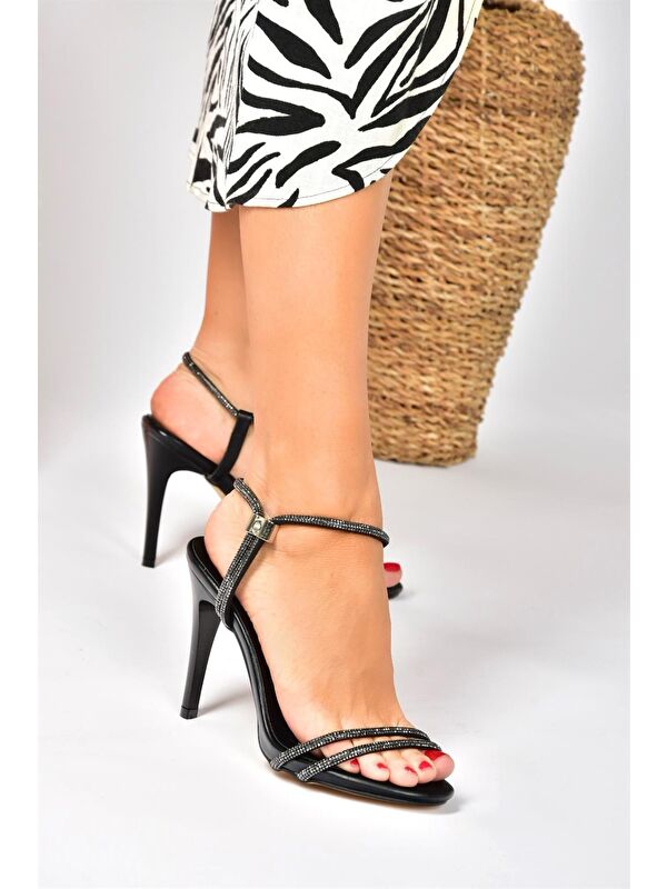 Siyah Taşlı İnce Bantlı Topuklu Kadın Abiye Ayakabı P251775009 - Görsel 3