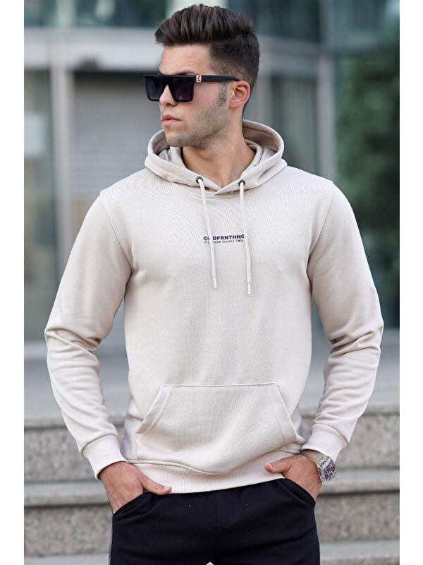 Madmext Bej Baskılı Erkek Kapüşonlu Sweatshirt Hoodie 5306