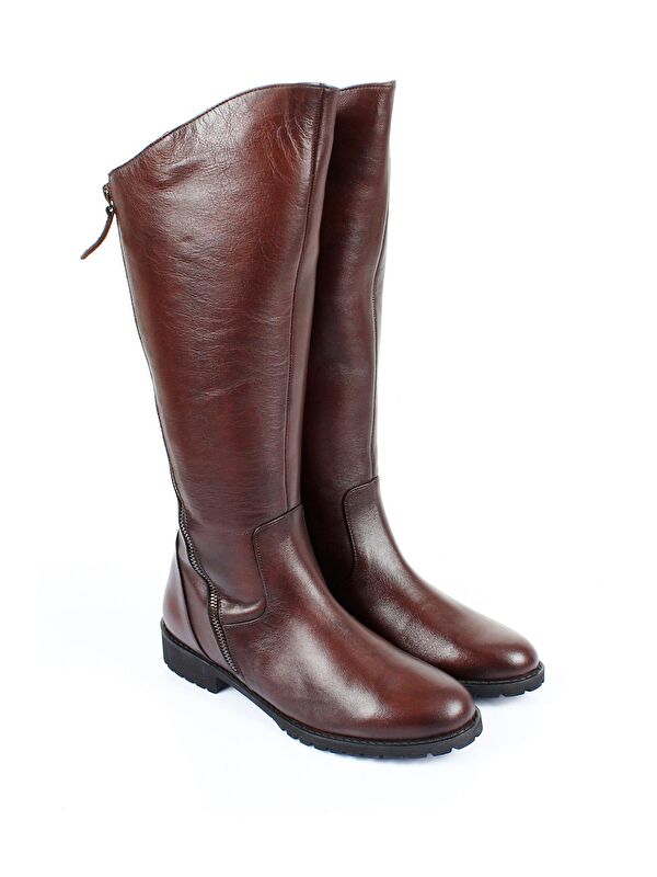 KAHVERENGİ Hakiki Deri Yuvarlak Burun Kauçuk Taban Topuklu Fermuarlı Kadın Günlük Çizme 44556 - Görsel 3