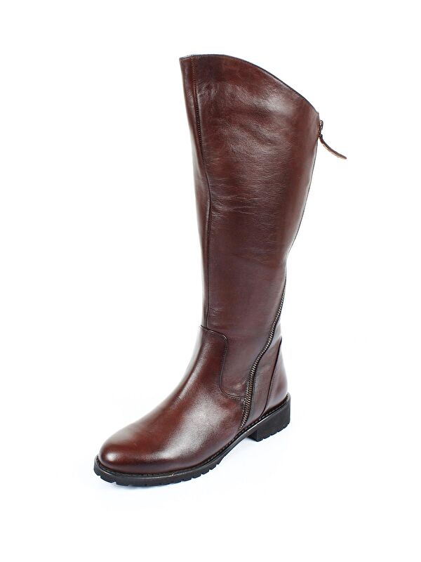 KAHVERENGİ Hakiki Deri Yuvarlak Burun Kauçuk Taban Topuklu Fermuarlı Kadın Günlük Çizme 44556 - Görsel 4