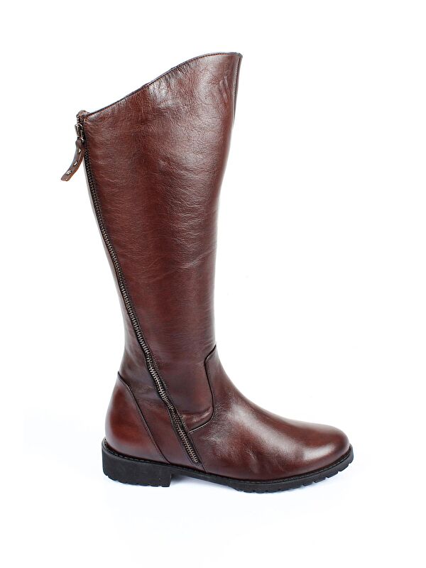 KAHVERENGİ Hakiki Deri Yuvarlak Burun Kauçuk Taban Topuklu Fermuarlı Kadın Günlük Çizme 44556 - Görsel 5