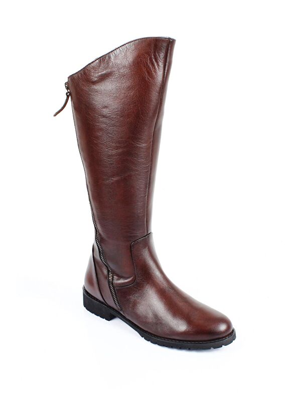 KAHVERENGİ Hakiki Deri Yuvarlak Burun Kauçuk Taban Topuklu Fermuarlı Kadın Günlük Çizme 44556 - Görsel 6