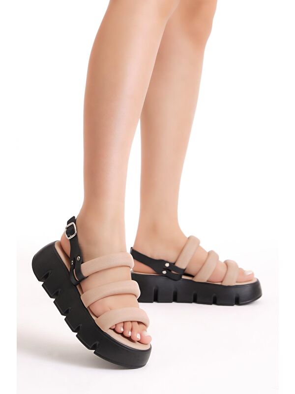 Kadın Krem Paraşüt Kumaş Yüksek Taban Sandalet - Görsel 3