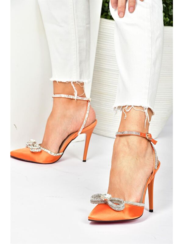 Turuncu Saten Kumaş Taşlı Kadın Topuklu Ayakkabı K654051204 - Görsel 3