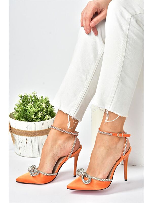 Turuncu Saten Kumaş Taşlı Kadın Topuklu Ayakkabı K654051204 - Görsel 4