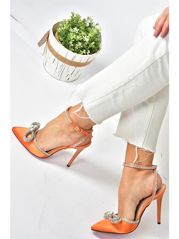 Turuncu Saten Kumaş Taşlı Kadın Topuklu Ayakkabı K654051204 - Görsel 5