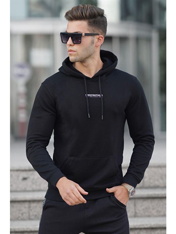 Madmext Siyah Baskılı Erkek Kapüşonlu Sweatshirt Hoodie 5306