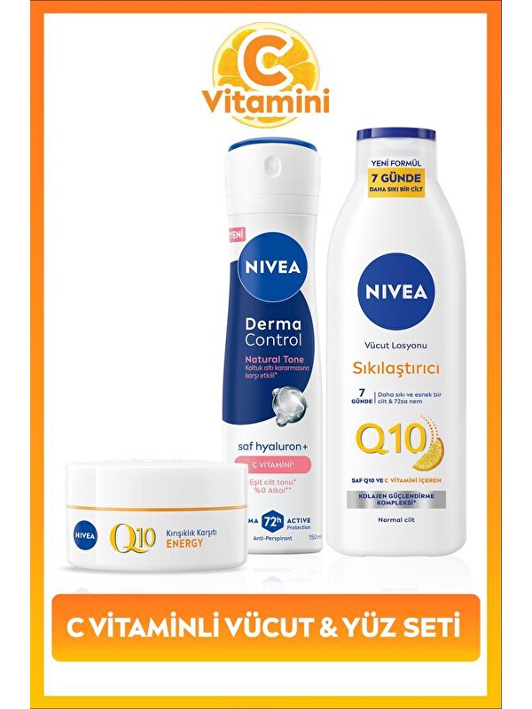 NIVEA Kadın Sprey Deodorant Derma Control Natural Tone 150ml,Q10 Sıkılaştırıcı Losyon400ml ve Gündüz Kremi