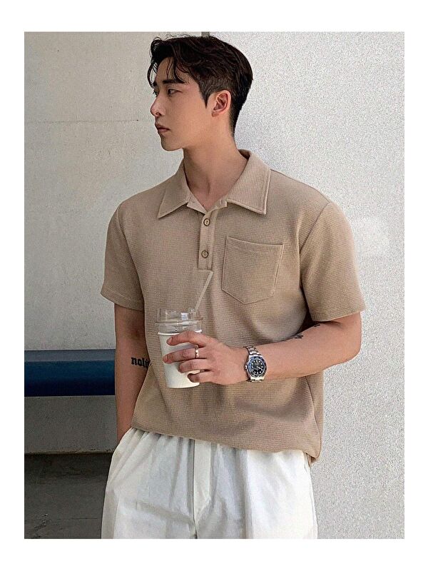 Genius Store Erkek Oversize Polo Yaka  Waffle Tişört