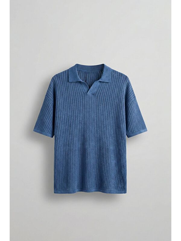 Abluka Online Erkek Polo Yaka Regular Fit Triko T-Shirt Koyu Mavi