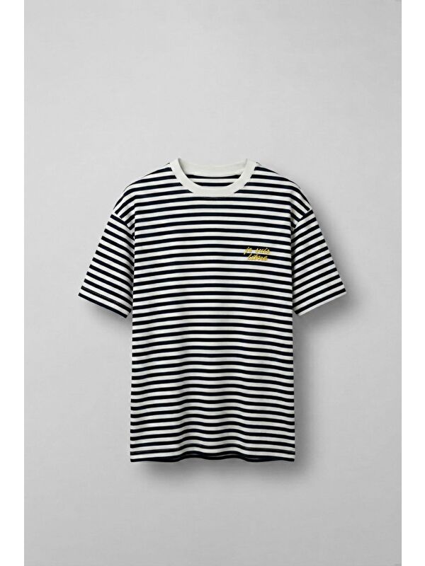 Abluka Online Erkek Oversize Çizgili Rahat T-Shirt Siyah