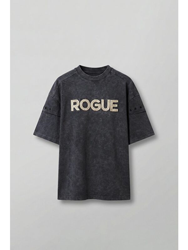 Abluka Online Erkek Yıkamalı Nakışlı Oversize T-Shirt Siyah