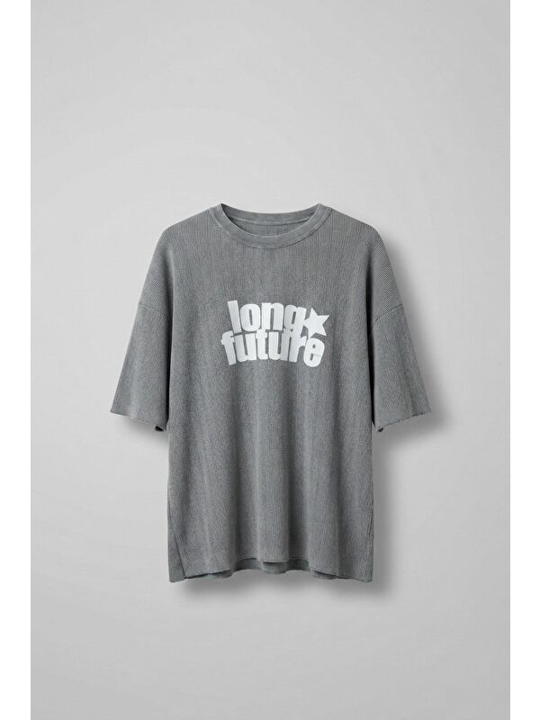Abluka Online Erkek Yıkamalı Ribana Kumaş Oversize T-Shirt Gri