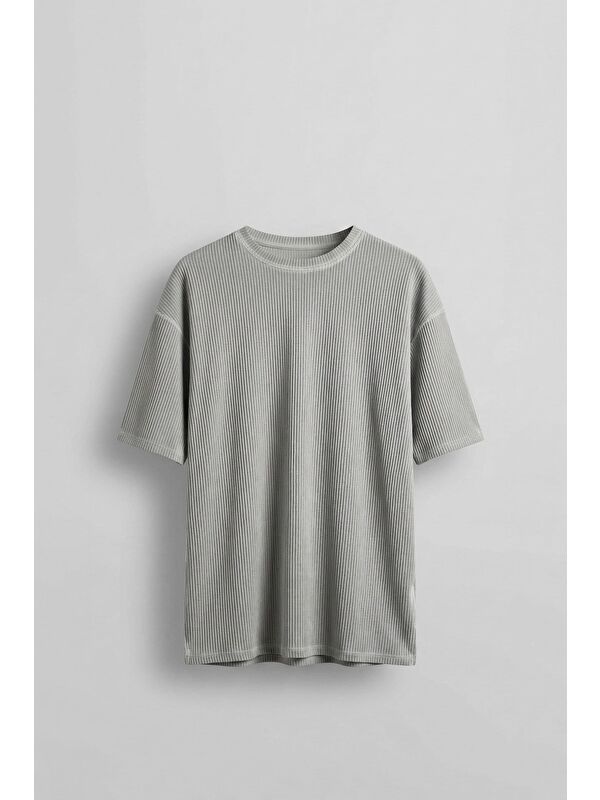 Abluka Online Erkek Yıkamalı Fitilli Oversize T-Shirt Gri