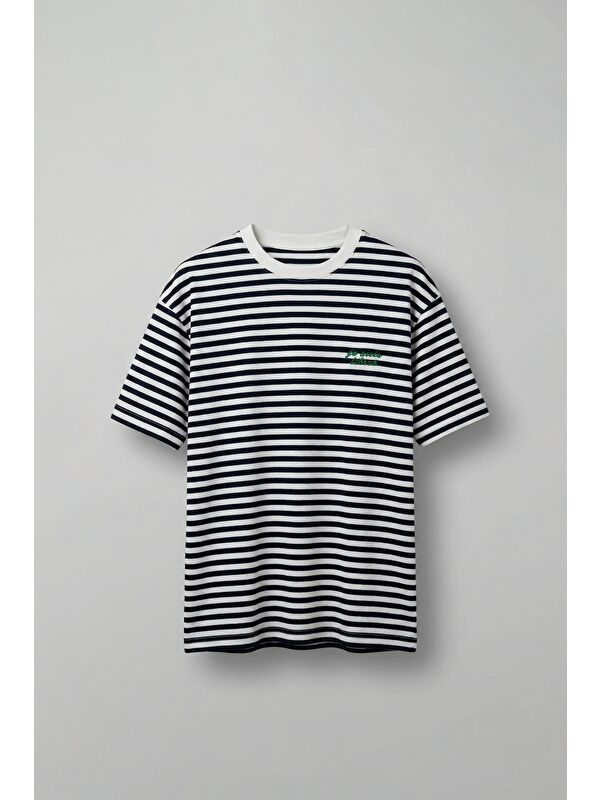 Abluka Online Erkek Oversize Çizgili Rahat T-Shirt Mavi