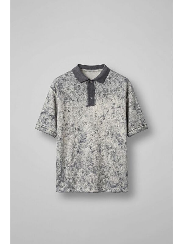Abluka Online Erkek Düğmeli Polo Yaka Desenli Oversize Triko T-Shirt Siyah