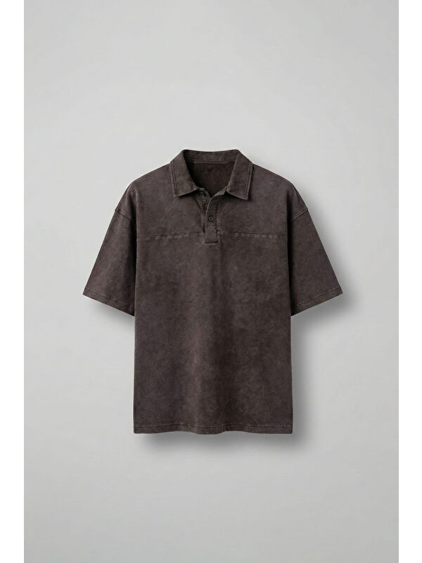 Abluka Online Erkek Polo Yaka Oversize Yıkamalı T-Shirt Kahve