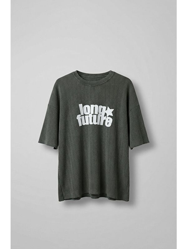 Abluka Online Erkek Yıkamalı Ribana Kumaş Oversize T-Shirt Haki Yeşil