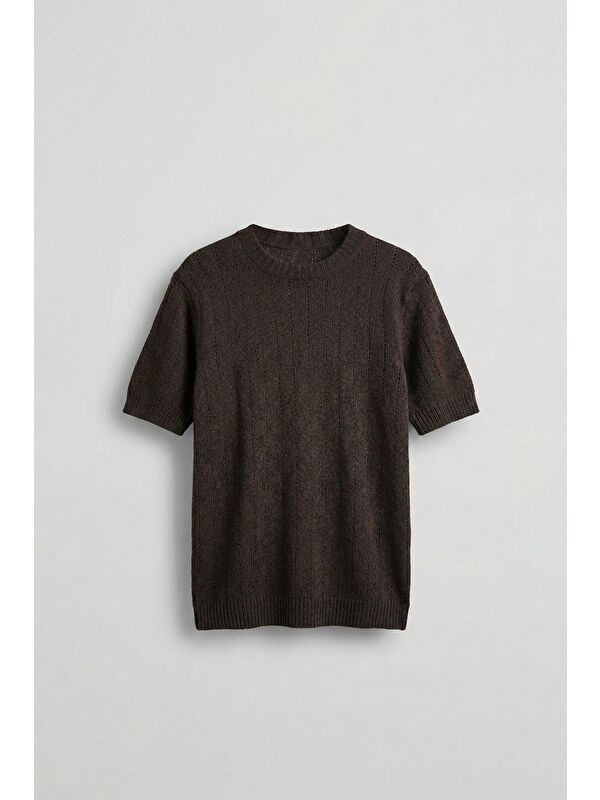 Abluka Online Erkek Regular Fit Örme Desenli T-Shirt Koyu Kahve