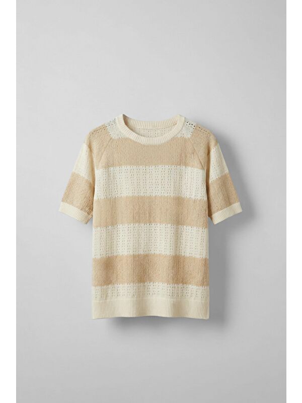 Abluka Online Erkek Oversize Çizgi Desenli Örme Triko T-Shirt Bej