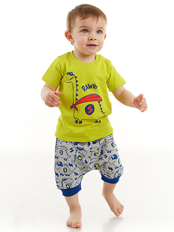 Denokids Super Dino Erkek Bebek Tişört Kapri Şort Takım