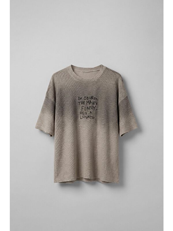 Abluka Online Erkek Renk Geçişli İşlemeli Oversize Dokulu T-Shirt Taş