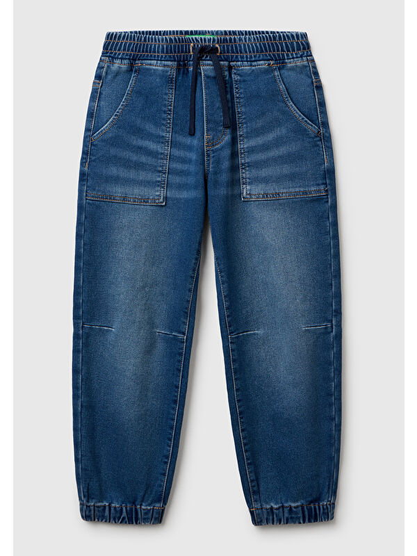 United Colors Of Benetton Erkek Çocuk Koyu Denim Logo Detaylı Büzgü İpli Denim Jogger Pantolon