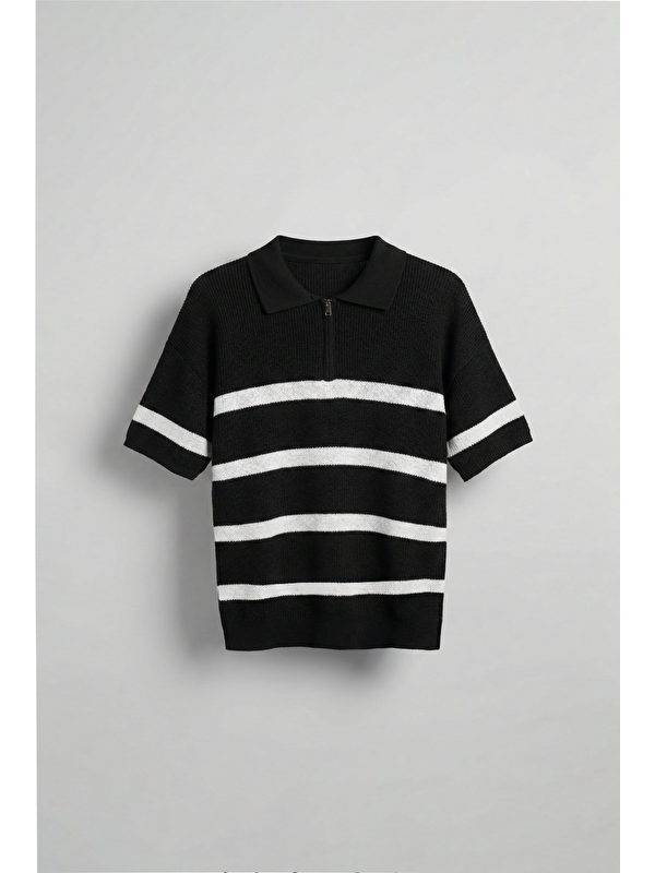 Abluka Online Erkek Oversize Örme Triko Polo Yaka T-Shirt Siyah
