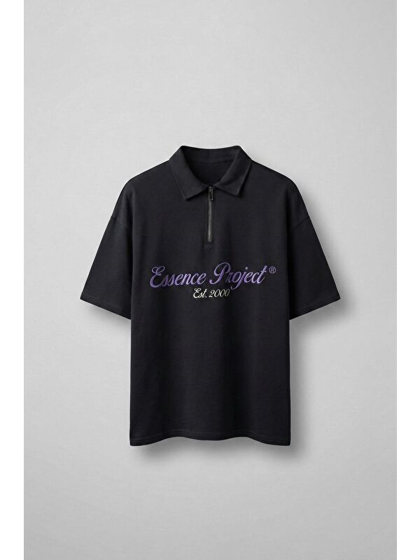 Abluka Online Erkek Oversize Fermuarlı Polo Yaka Baskılı T-Shirt Siyah
