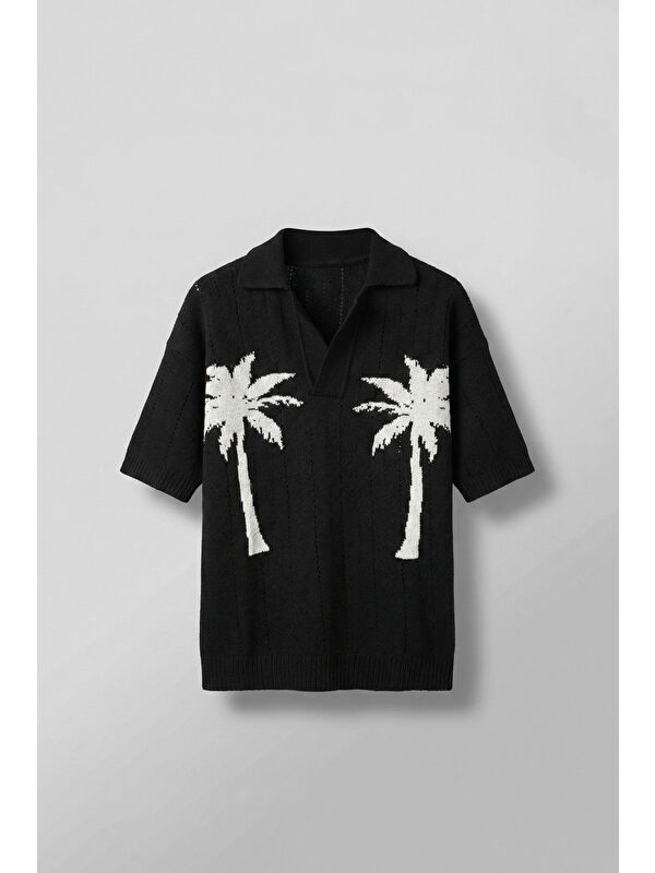 Abluka Online Erkek Oversize Palmiye Desenli Triko T-Shirt Siyah