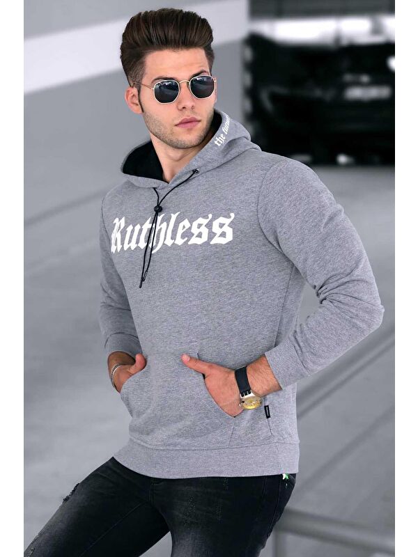 Madmext Gri Baskılı  Erkek %100 Pamuk Kapüşonlu Sweatshirt Hoodie 4747