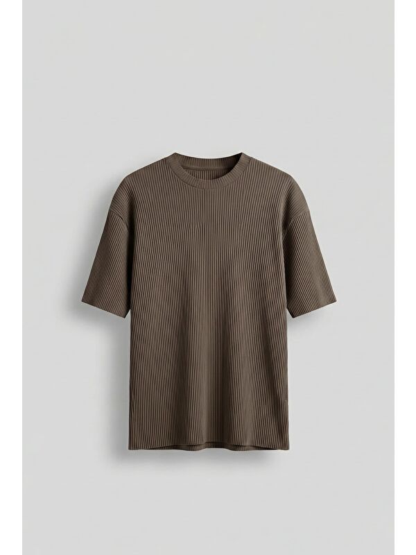 Abluka Online Erkek Oversize Çizgi Desenli Esnek Ve Hafif Rahat Yazlık T-Shirt Açık Kahve