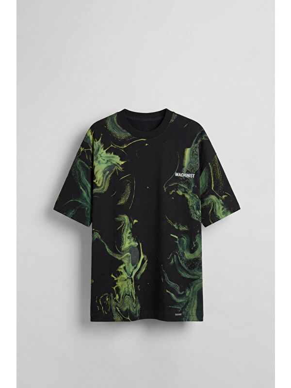Abluka Online Erkek Oversize Desen Baskılı Premium T-Shirt Siyah