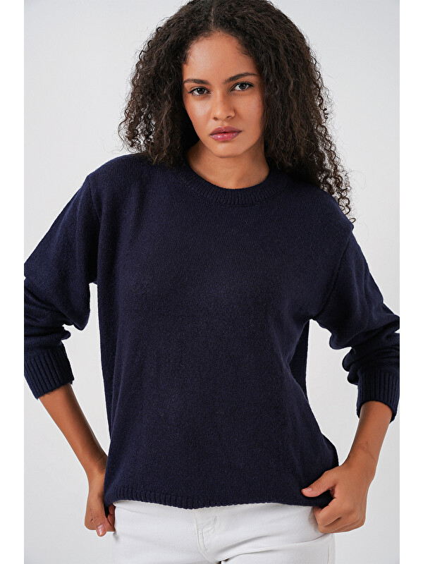 Bigdart 15895 Baklava Desenli Oversize Triko Kazak - K. Lacivert