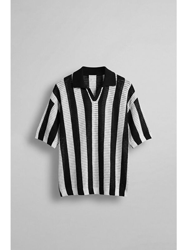 Abluka Online Erkek Oversize Yarım Pat Yaka Fileli Triko T-Shirt Siyah