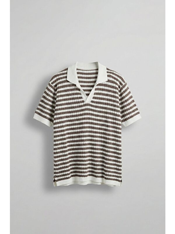 Abluka Online Erkek Triko Polo Yaka Çizgili T-Shirt Kahve
