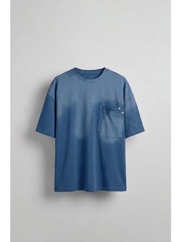 Abluka Online Erkek Oversize Çift Katman Cepli T-Shirt Mavi