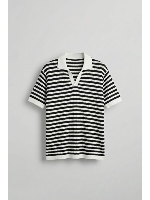 Abluka Online Erkek Triko Polo Yaka Çizgili T-Shirt Siyah