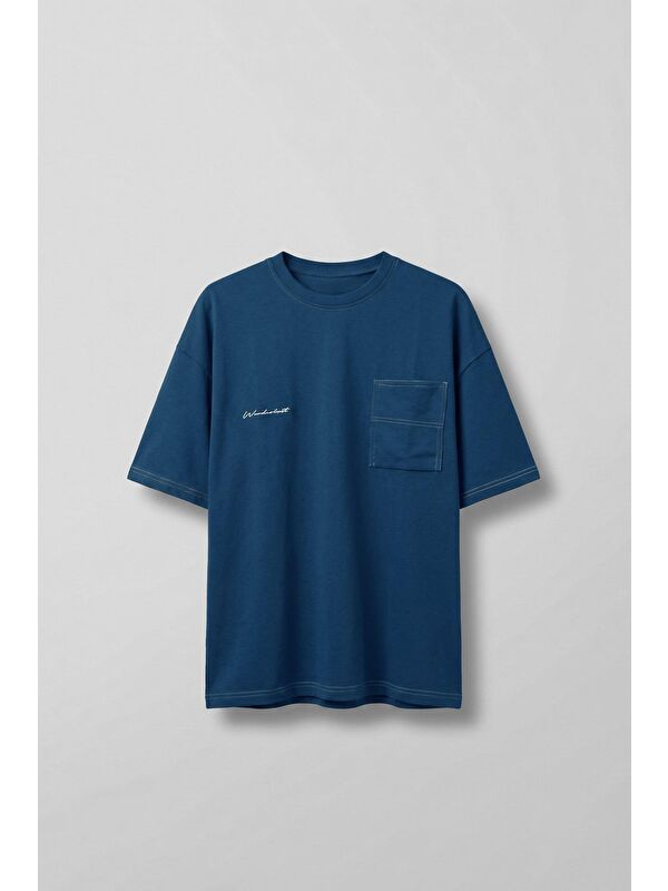 Abluka Online Erkek Oversize Nakışlı Ters Cep Detaylı T-Shirt Mavi