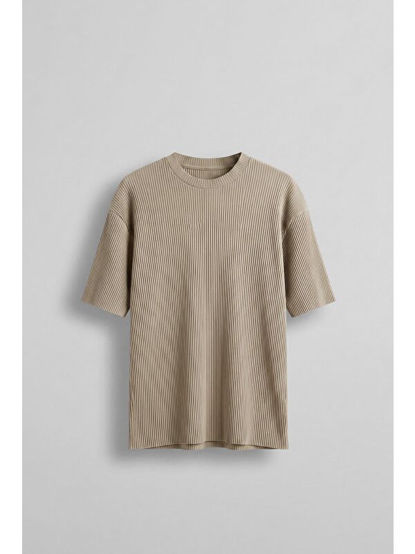 Abluka Online Erkek Oversize Çizgi Desenli Esnek Ve Hafif Rahat Yazlık T-Shirt Bej
