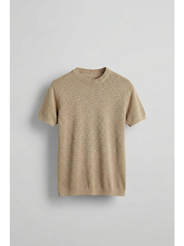 Abluka Online Erkek Regular Fit Bisiklet Yaka Esnek Triko T-Shirt Bej