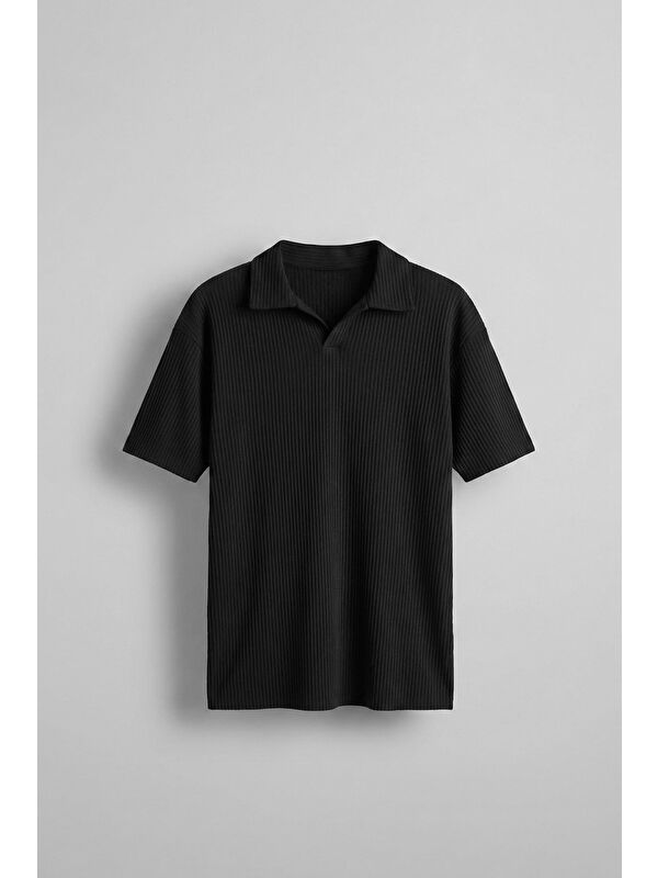 Abluka Online Erkek Oversize Polo Yaka Basic Fitilli T-Shirt Siyah