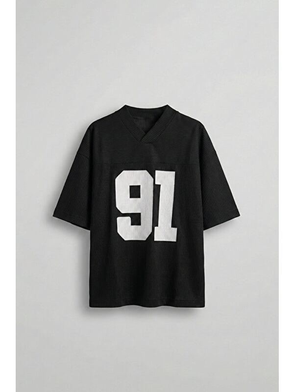 Abluka Online Erkek Oversize Baskılı V Yaka Forma T-Shirt Siyah