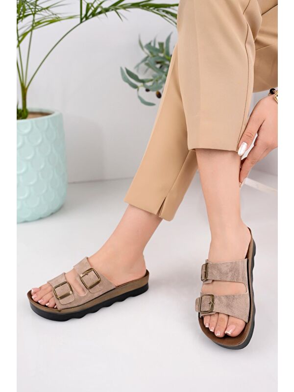 Lena Kadın Günlük Ortopedik Çift Bantlı Tokalı Kaymaz Taban Rahat Terlik - Görsel 3