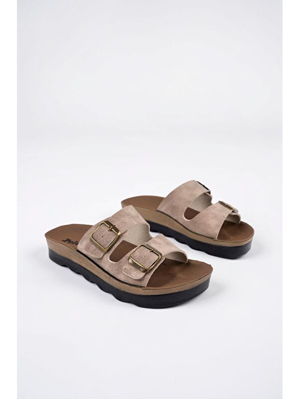 Lena Kadın Günlük Ortopedik Çift Bantlı Tokalı Kaymaz Taban Rahat Terlik - Görsel 5