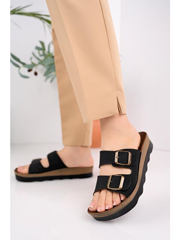 Lena Kadın Günlük Ortopedik Çift Bantlı Tokalı Kaymaz Taban Rahat Terlik - Görsel 4