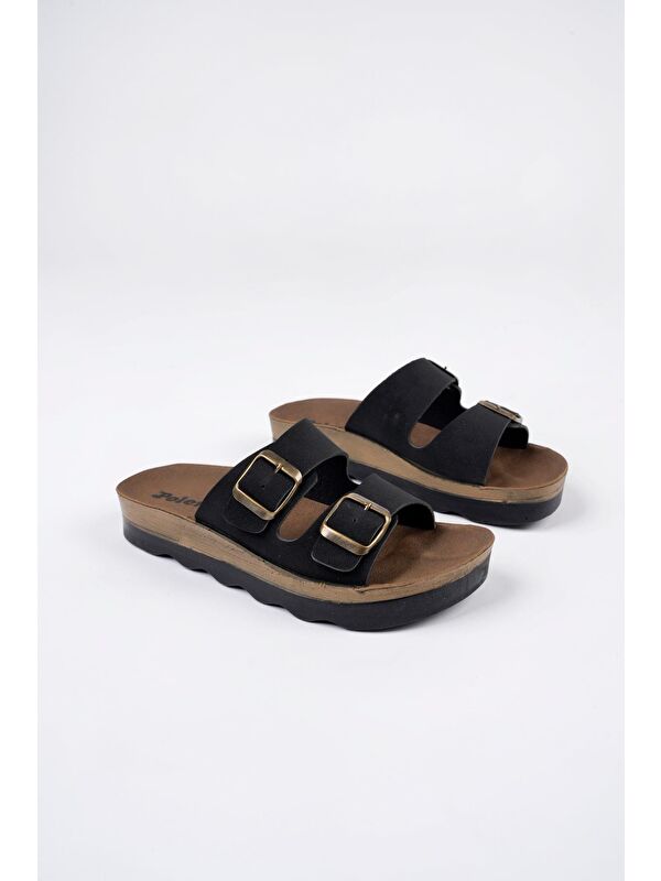 Lena Kadın Günlük Ortopedik Çift Bantlı Tokalı Kaymaz Taban Rahat Terlik - Görsel 5