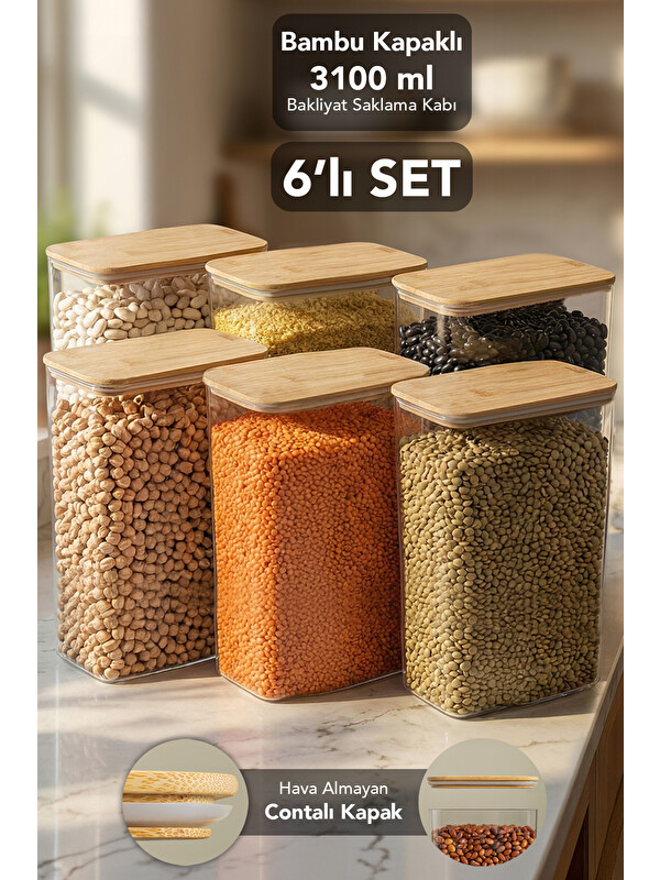 Meleni Home 6'lı Bambu Kapak Aura Kapaklı Dikdörtgen Saklama Kabı 3100 ml