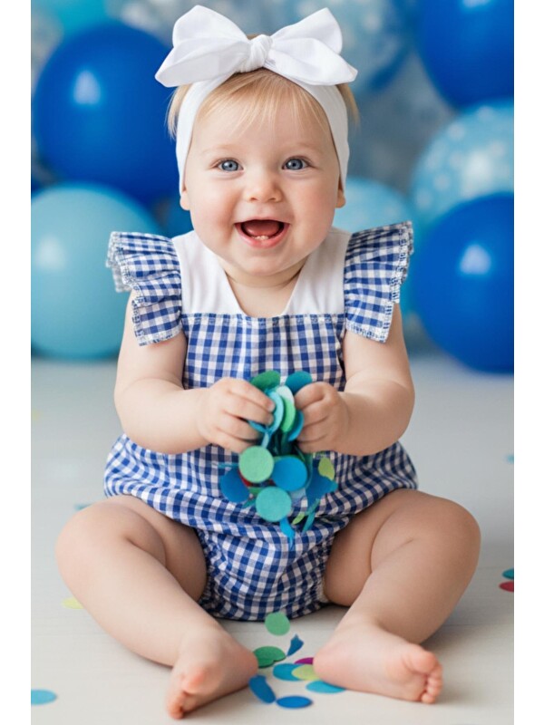 Parla Kids Kız Bebek Rare Mavi Pamuklu Pötikare Salopet Bandana Takım