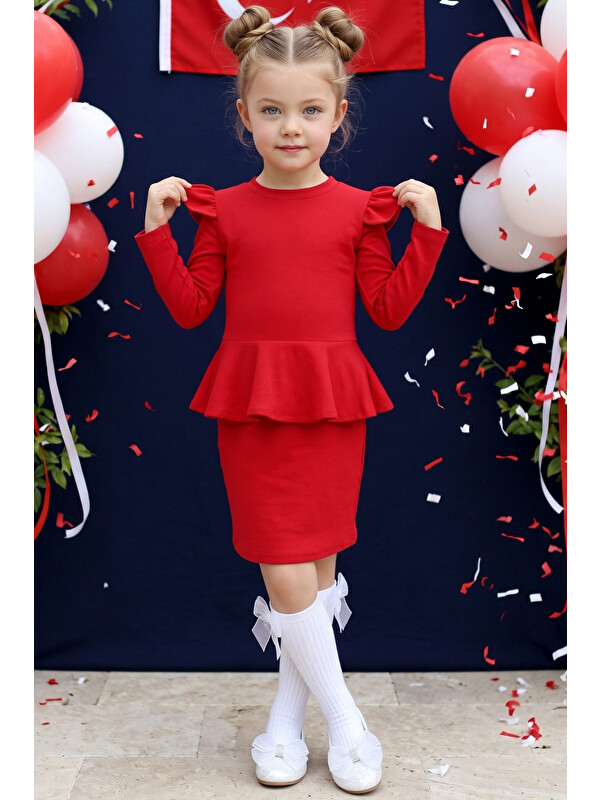 Parla Kids Kız Çocuk Diana Kırmızı Volan Etekli Fırfır Detaylı Uzun Kollu Elbise 23 Nisan Gösteri Kıyafeti